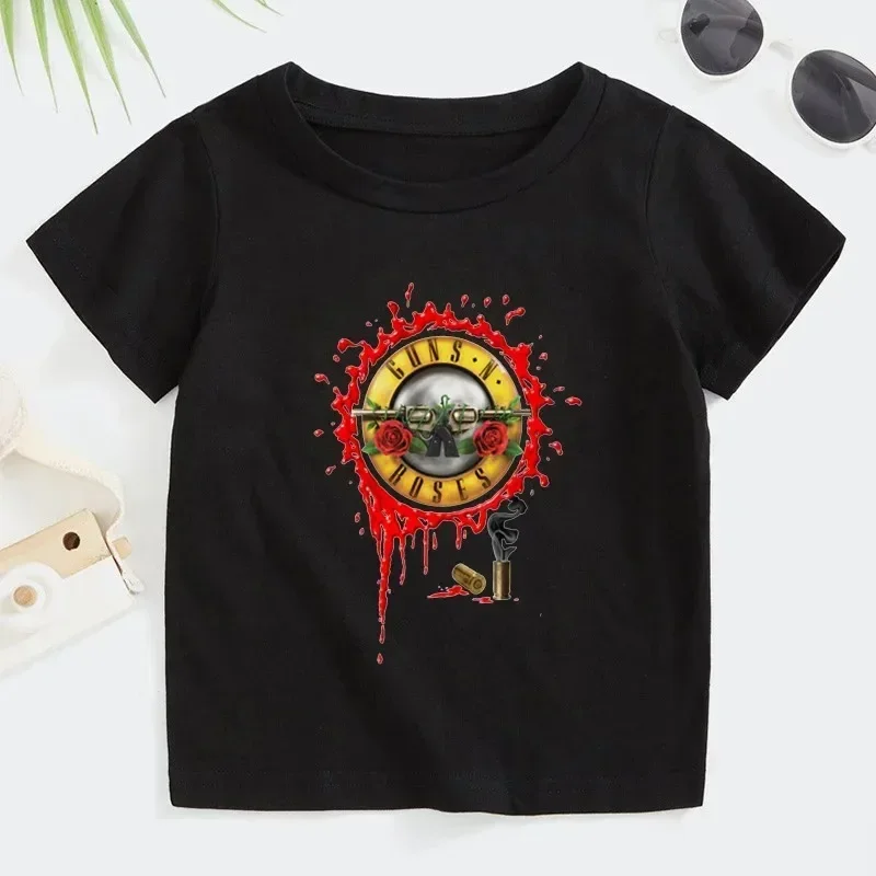 Summer Children\'s T Shirt 2T~14T Rock Band Gun N Roses Boys and Girls Kpop Music Short Sleeve Tops Kids Casual Cotton Clothes