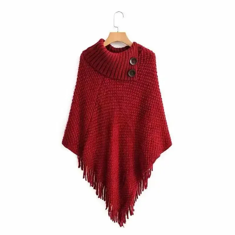 

Autumn Winter New Irregular Tassel Cape Women's Sweater Pullover Sweater Warm Poncho Lady Capes Red Cloaks