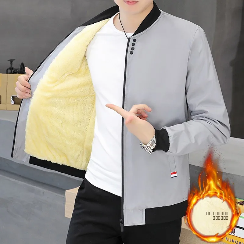 

Warmth Men's Fce Lined Thiened Casual Jaet Autumn Winter Sle Pure Color Baseball Coat Youth Faion Polyester Fiber