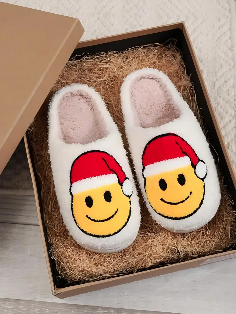 Men's Comfortable Home Cute Cartoon Smiling Face Christmas Hat Christmas Tree Strawberry Cotton Slippers for Men and Women Couples Warm Cotton Slippers - Image 5