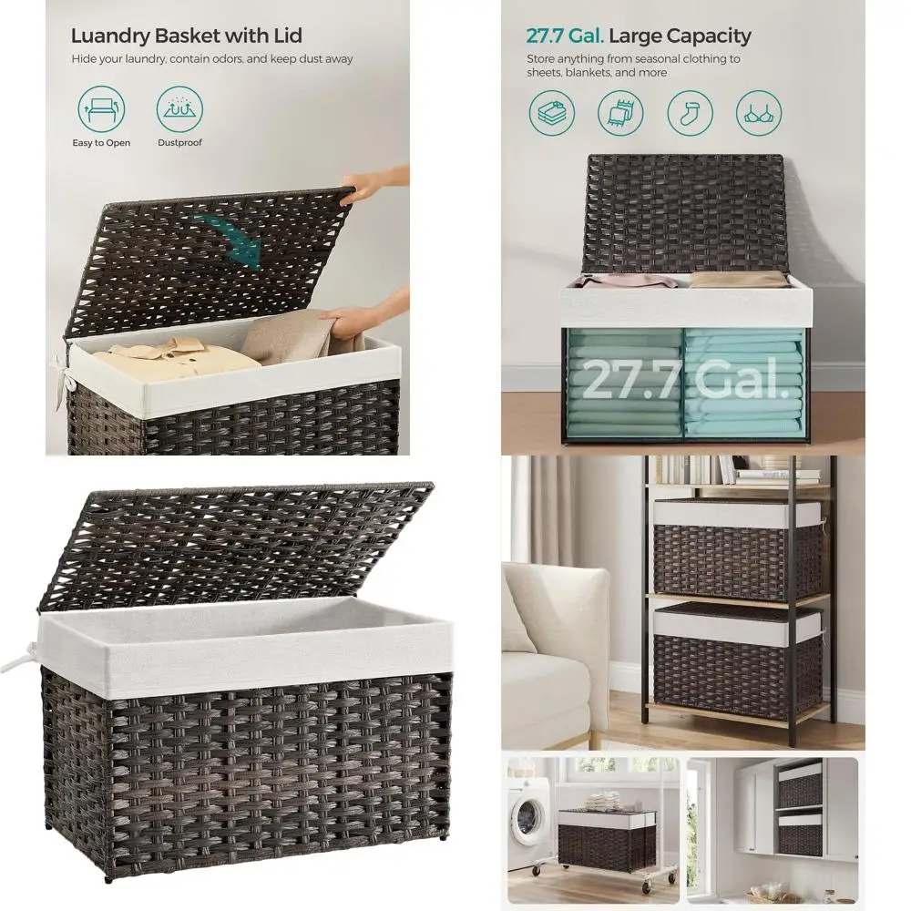 

Brown Woven Basket with Lid and Handles, Foldable Storage Bin with Removable Liner, Metal Frame, 105L Capacity for Bedroom and L