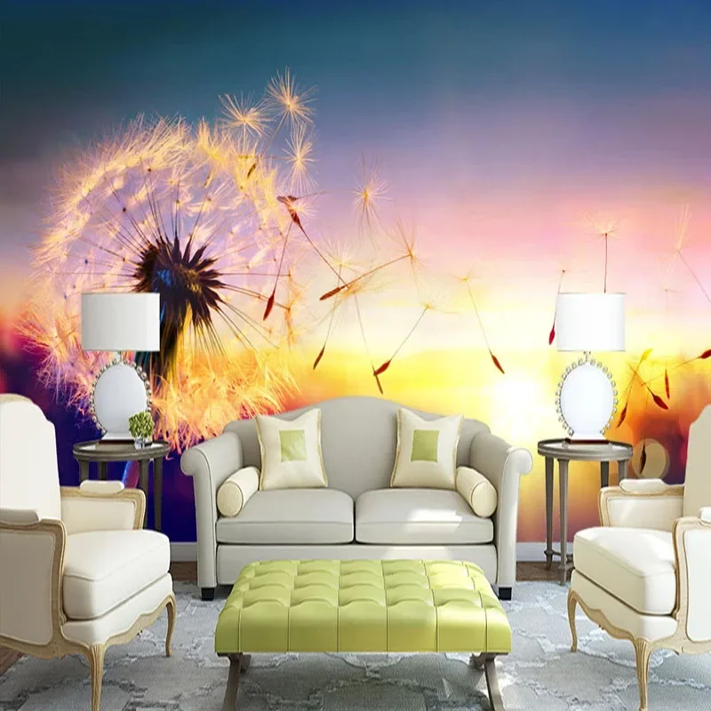 Modern 3D Wallpaper Romantic Beautiful Sunset Dandelion Flower Landscape Photo Wall Mural Living Room TV Sofa Bedroom Home Decor