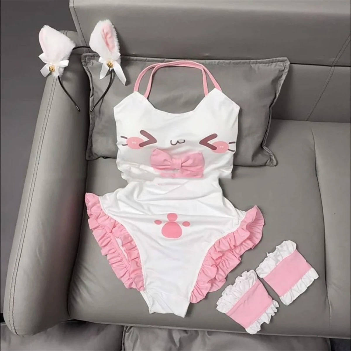 Sexy Cute Japanese Harajuku Halter Slim Fit Bodysuit Y2k Kawaii Cartoon Print Spliced Pleated Jumpsuit Punk with Arm Warmerst
