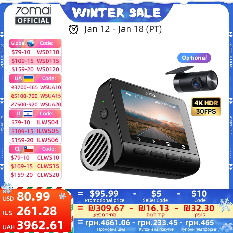 70mai Dash Cam 4K A800SE UHD Support Dual-Channel 24H Parking HDR Supercapacitor Wifi 6 Voice Control Upgraded of 70mai A800S