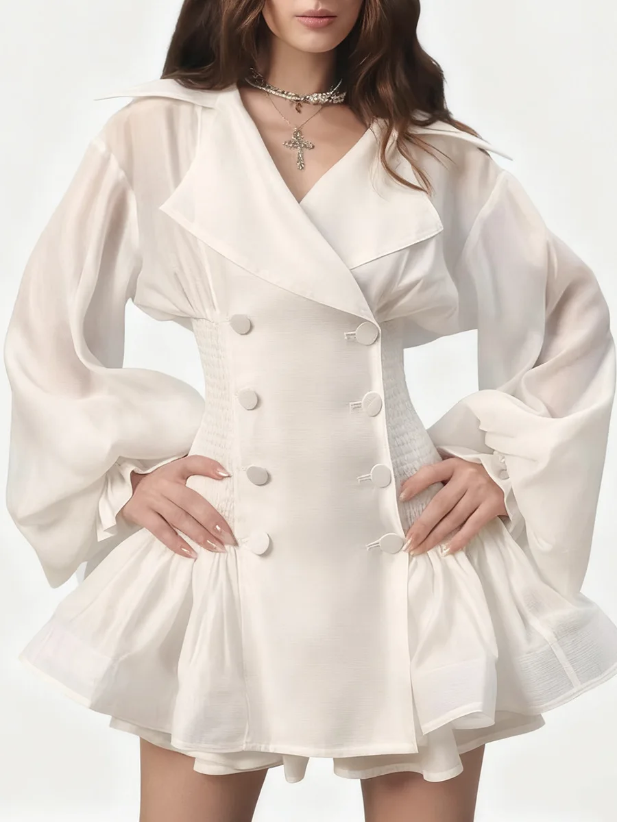 

Короткое платье во французском милом стиле, новинка 2026, большой воротник, пуговицы, рукава-фонарики, рукава-фонарики, талия, облегающая пышная юбка