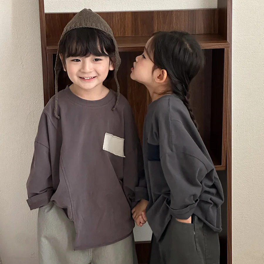 

2025 New Kids Patchwork Long Sleeve T Shirts Unisex Children's Irregular Design Cotton Top Loose Fit Autumn Tees for Boys Girls
