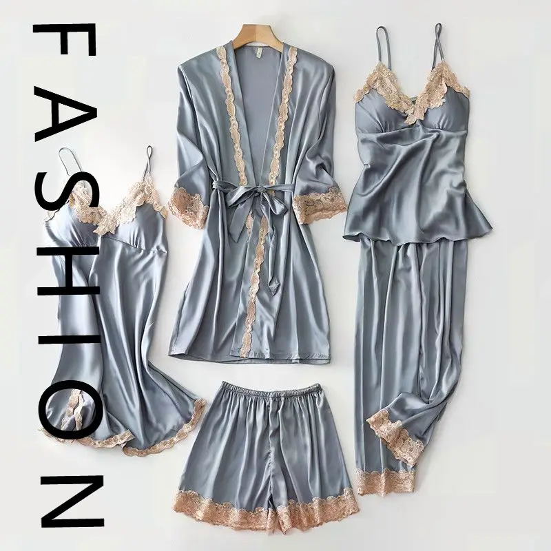 

Pajamas women's spring and autumn ice silk long-sleeved nightgown five-piece set summer pure desire wind v-neck suspender nightd