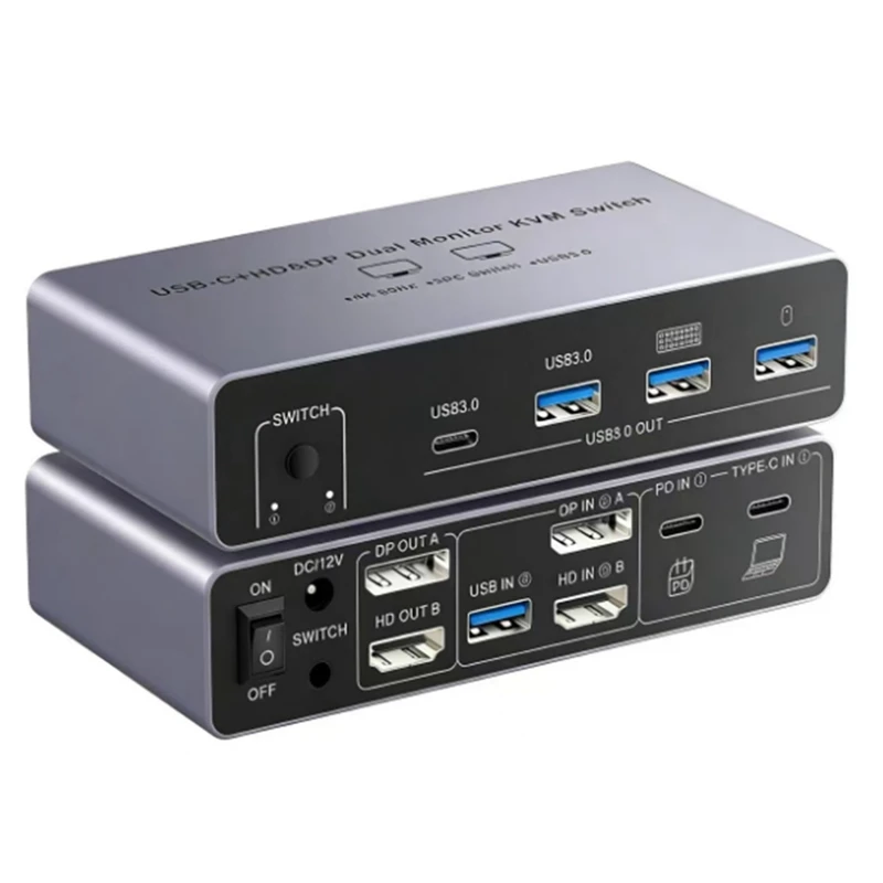 Super Sale USB-C+HD&DP Dual Monitor KVM Switch 4K 60Hz 2 in 2 Out - 8K@60Hz HDMI-Compatible Splitter with Remote US Plug
