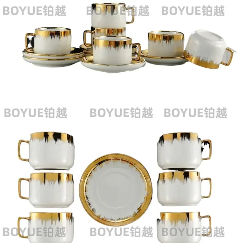 Luxury Ceramic Coffee Cup and Saucer Set High End Gold Rim Mug with Gift Box Elegant Tea Drinking Ware for Home Office Decor