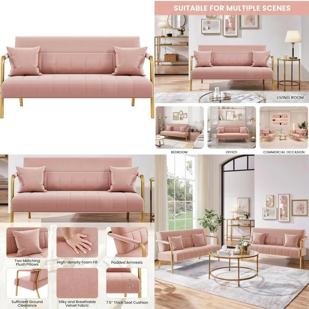 Yaheetech 56.5 W Modern Sofa Small Sofa Luxurious Velvet Fabric Couch with Gold-Tone Metal Arms and Legs for Living Room, Home O