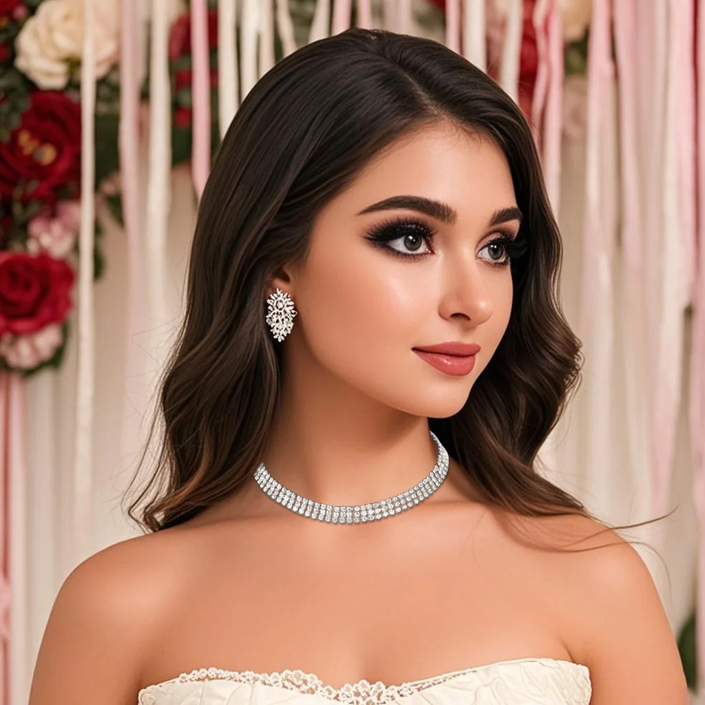 Simple Three Rows Rhinestone Necklace Elegant Crystal Necklace For Women Daily Jewelry Matching Mother's Day Gifts