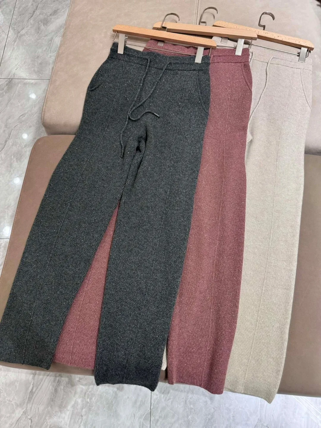 Autumn Women\'s B*C Cashmere Suit Hooded Sweater Elastic Waist Drawstring Small Straight Pants Set