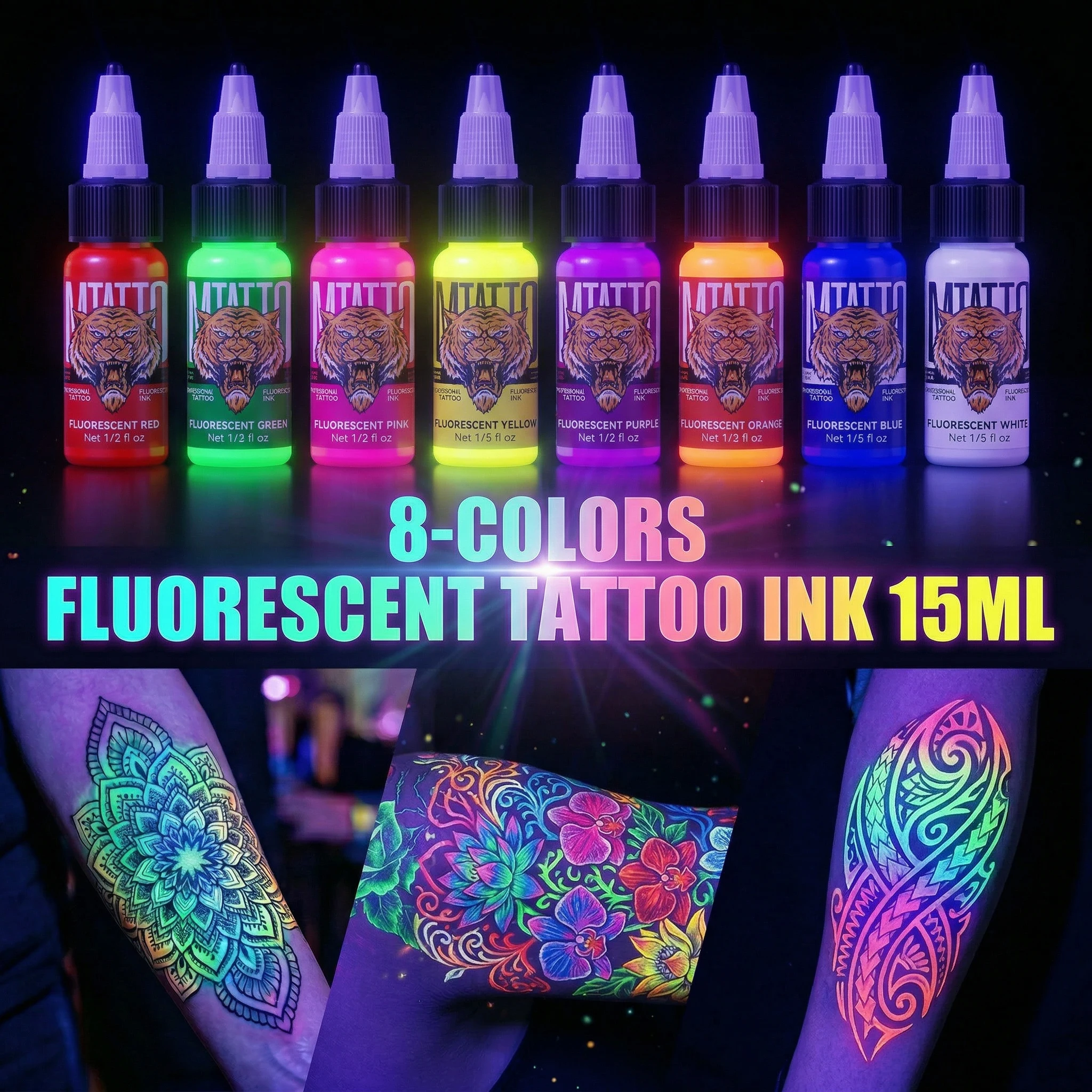 DM 15ml Fluorescent Tattoo Ink 1/8PCS Color Professional Beauty Paints Natural Plant Extract Pigment Body Painting Tattoo Ink
