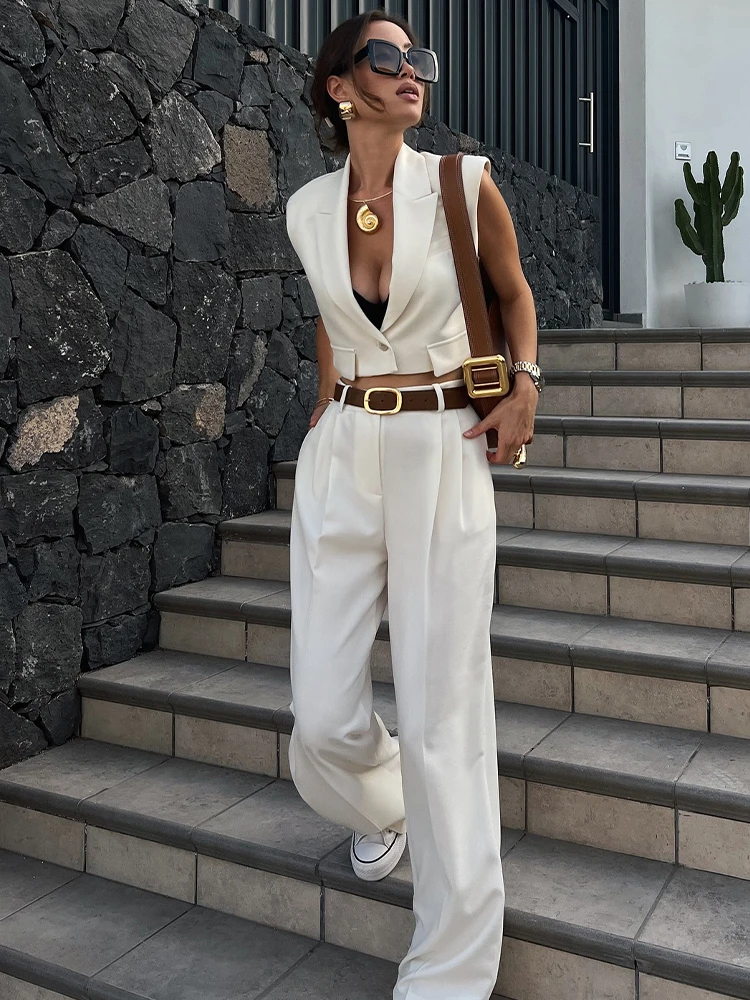 TRAFZA Female Fashion Set Turn-Down Collar Sleeveless Single Button Tops+High Waist Wide Leg Pant Autumn Suit Woman Trendy