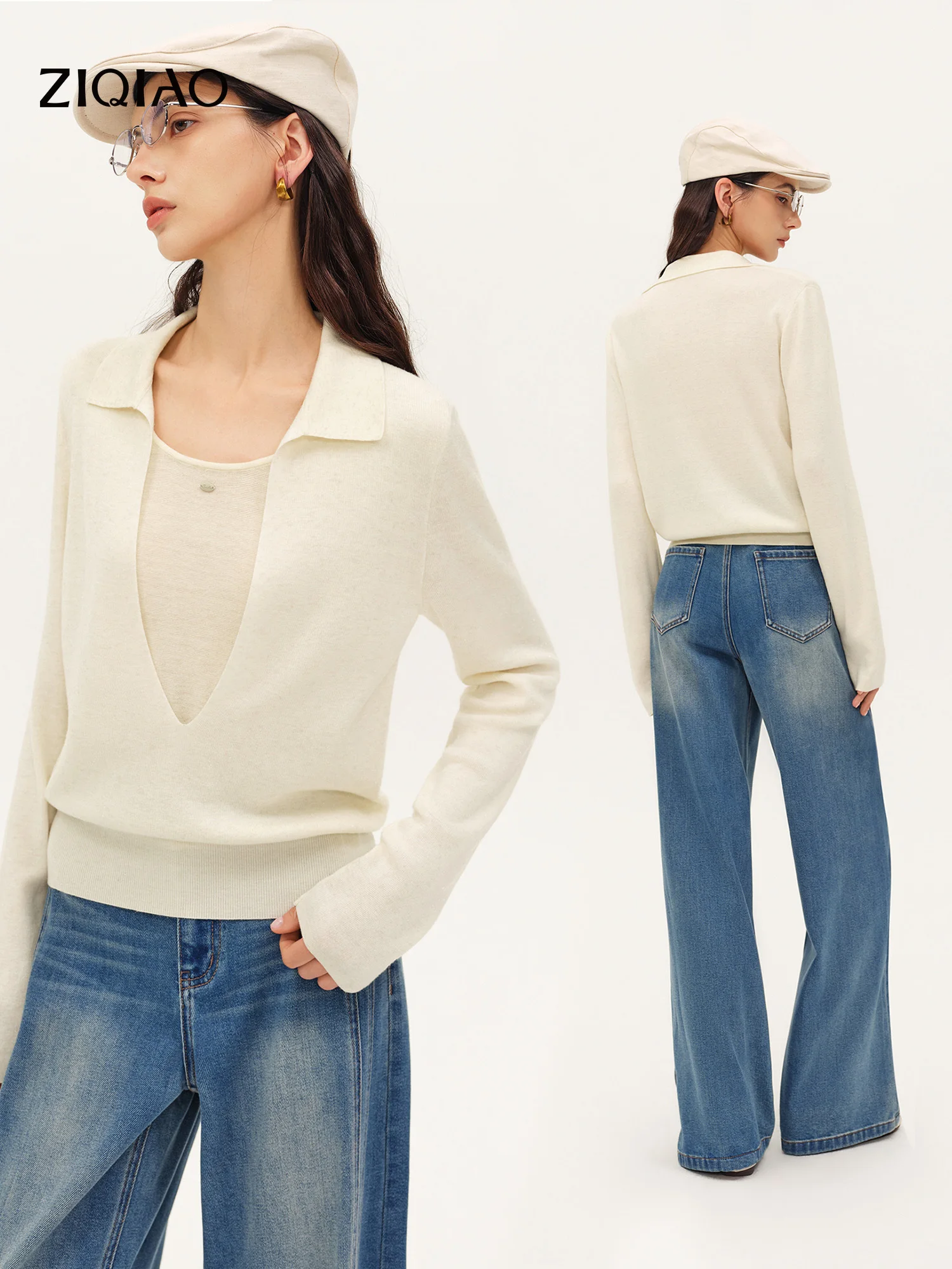 ZIQIAO Women's Pullovers 2026 Autumn New Style Two-Piece Knitwear Wool Turn-down Collar Commuting Solid Korean Style