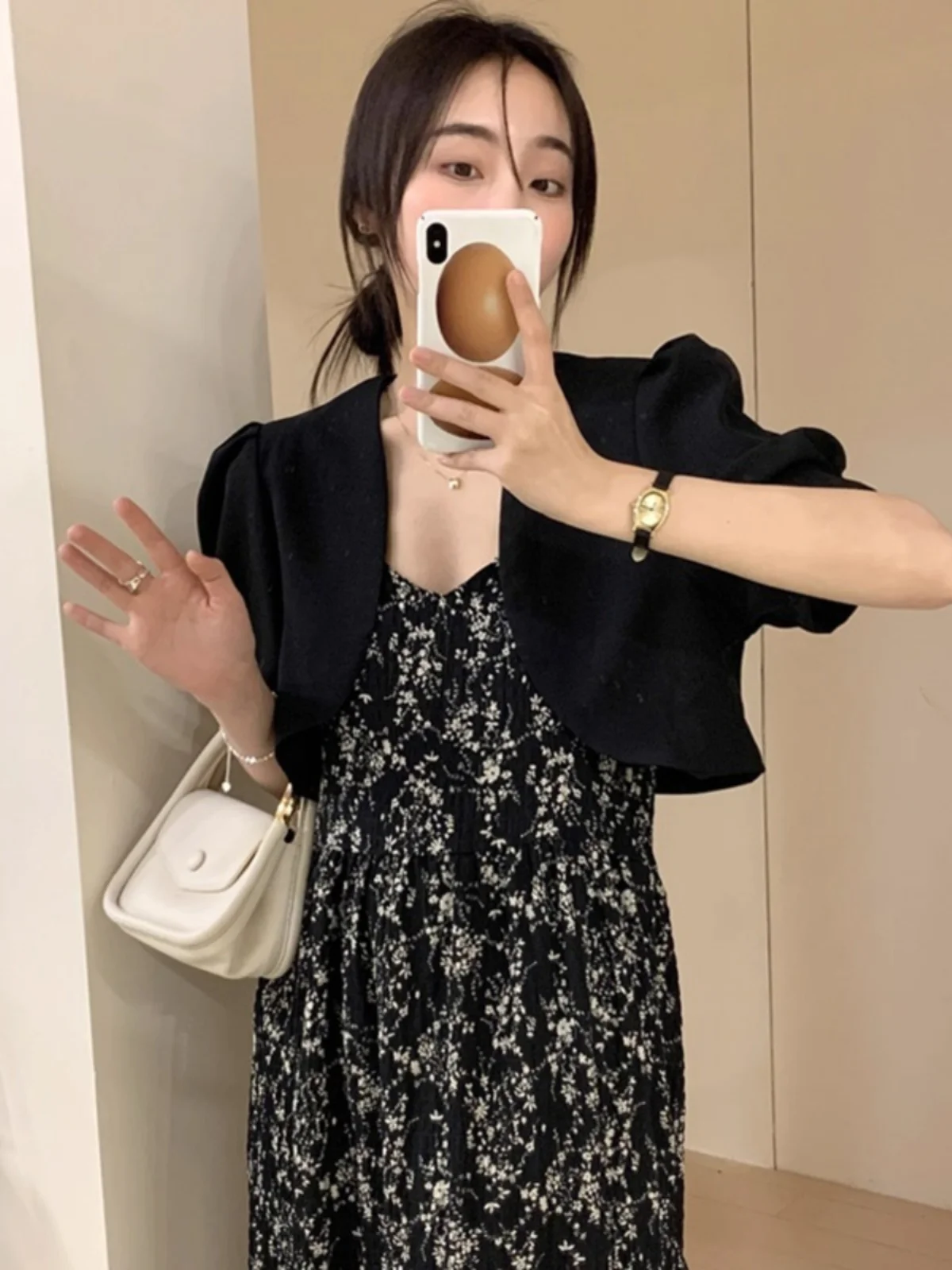 

Shoulder Pad Short Sleeve No Collar Jacket Ultra Short Style Summer New Outerwear Overalls Matching with Strap Dress Cardigan