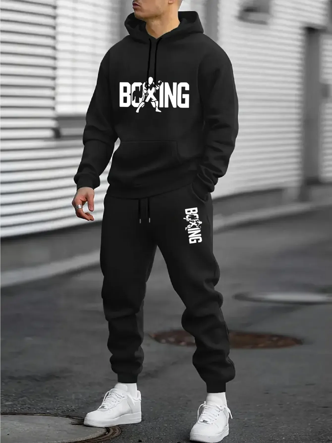 2026 boxing letter printed sportswear set men's hooded sweatshirt long pants set spring and autumn winter warm suit