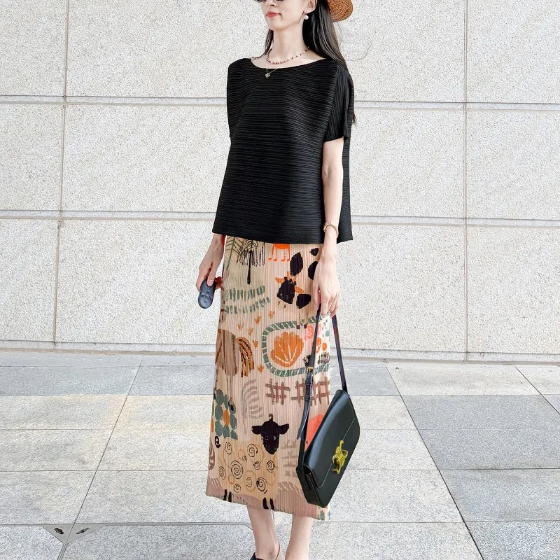 Miyake Tailleur pantalone a pieghe 2025 Plisse Fold sofisticato Top a maniche corte Gonna stampata Estate da donna Dimagrante Set versatile