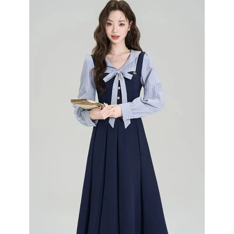 أوائل الخريف جديد النمط الفرنسي فستان بأكمام طويلة المرأة تقسم تنورة طويلة