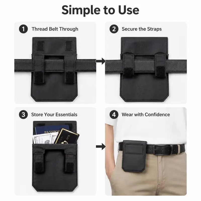 2026 Black Slim Belt Wallet Zero Bulk Anti Theft Belt Clip Hook And Loop Hidden Compartment