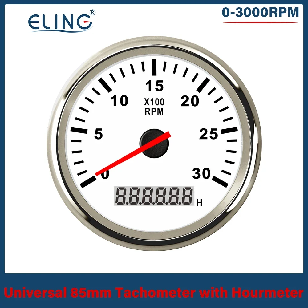 ELING 85mm Tachometer 3000RPM 4000RPM 6000RPM 8000RPM REV Counter Engine Speed Hour Meter for Car Boat 12V 24V Red Backlight