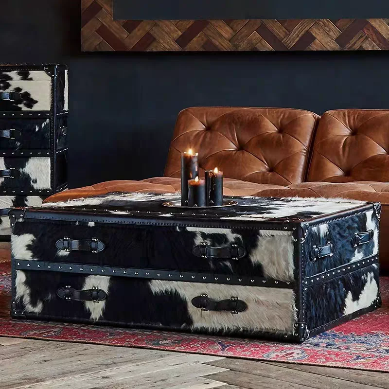 

French retro style cow leather coffee table, classic industrial style box storage table, second-hand cigar bar, whiskey bar tea