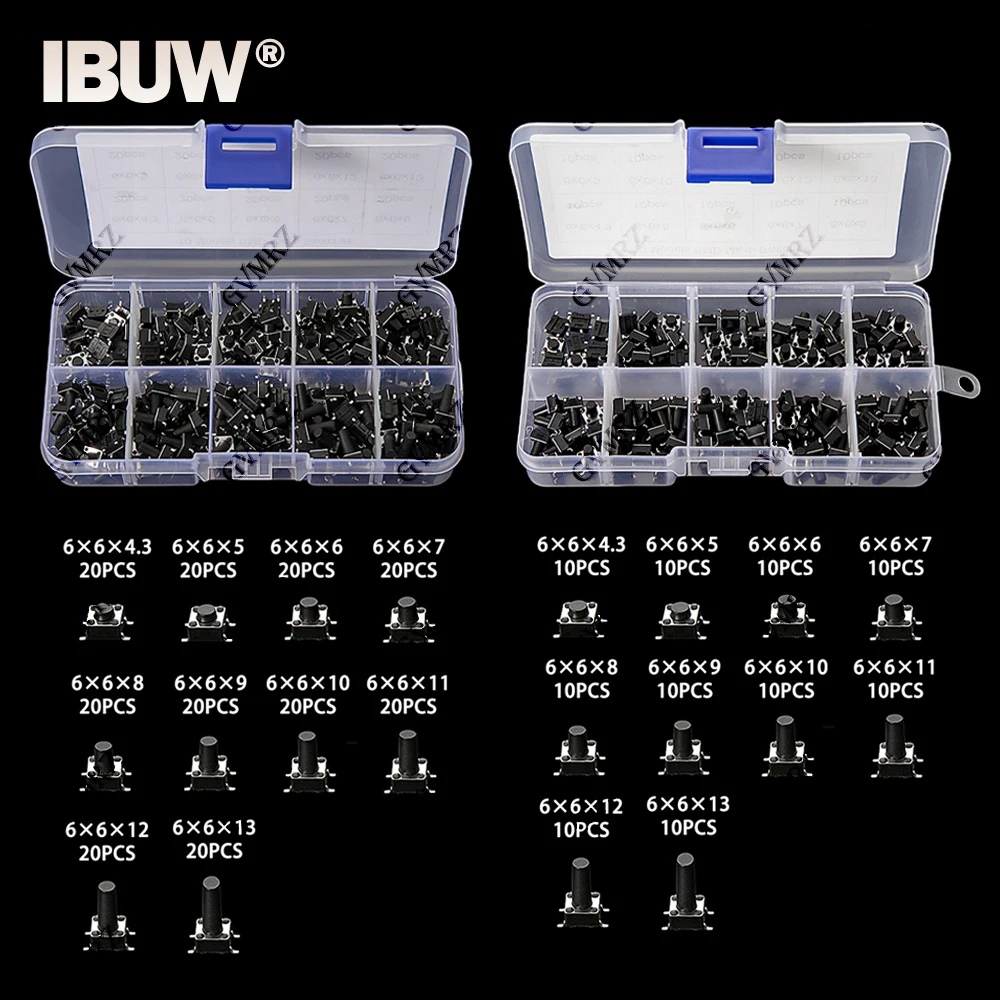 10Values/box 6*6 Tact Switch Tactile Push Button Switch Kit Height: 4.3 5~13MM DIP 4P micro switch 6x6 Key switch For Arduin
