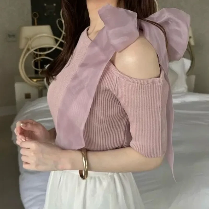 

Japanese Lace-up Bow shoulder Ropa Mujer Sweet Woman Tops Off Shoulder Knitted Sweater Sexy Outerwears 2024 New autumn