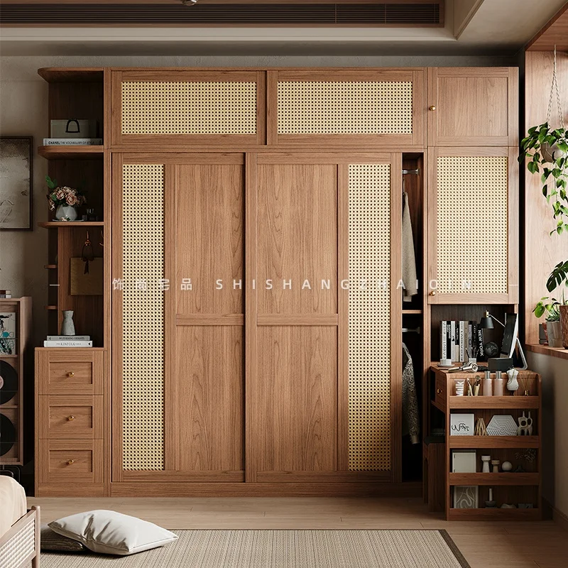 Medieval wardrobe household bedroom small apartment room rattan sliding door desk combination integrated storage clothing cabine