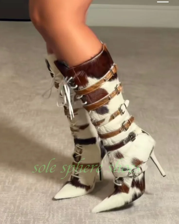 سيدة مزيج اللون البني الأبيض كاوبوي تصميم الأحذية مشبك حزام كعب ستيليتو الفراء الجلد المدبوغ فستان الشتاء المصارع الأحذية Sie 34-46 #1
