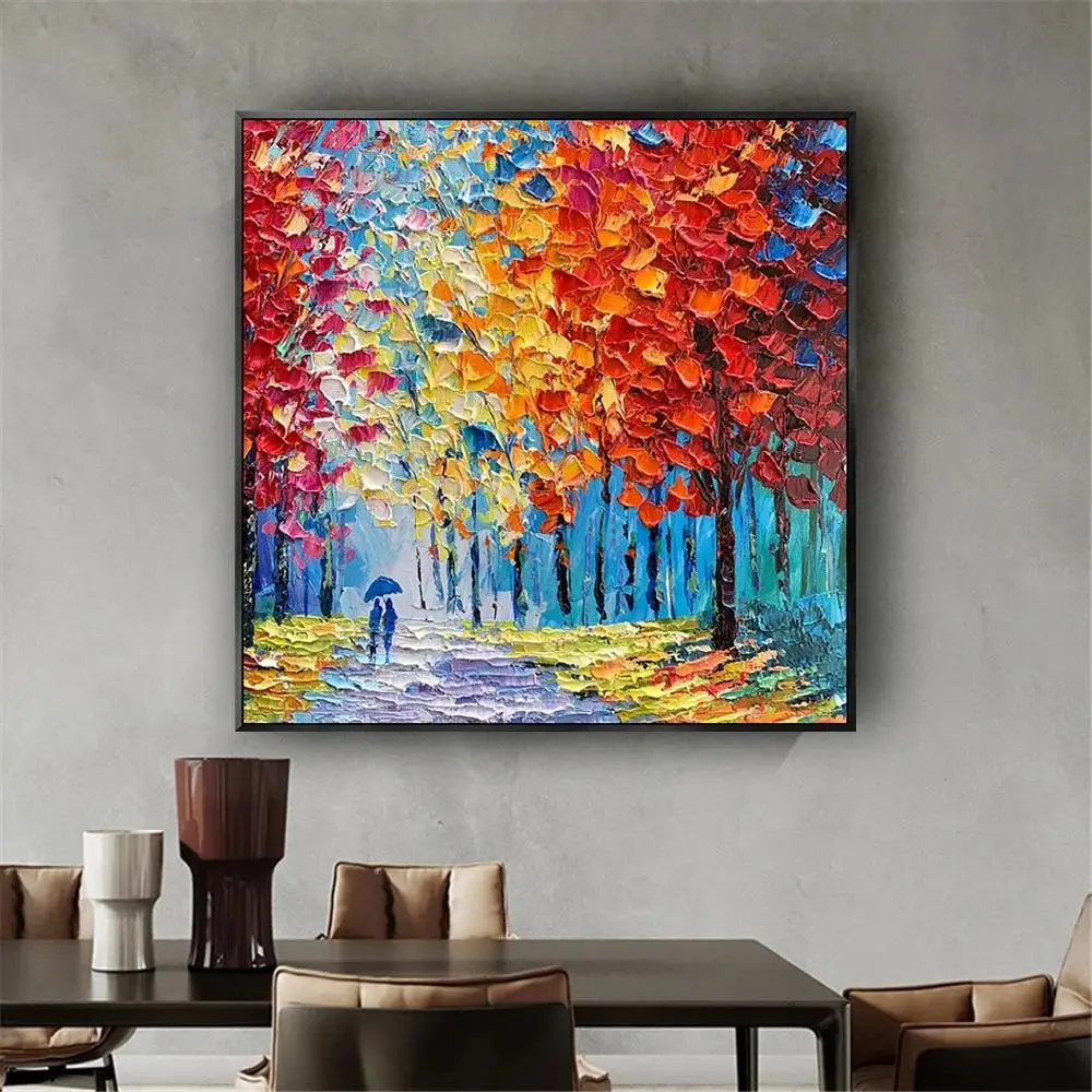 Hand Painted Autumn Treelined Road Oil Painting on Canvas  Red Leaves Wall Art Modern Home Decor Scenic Landscape Perfect for L