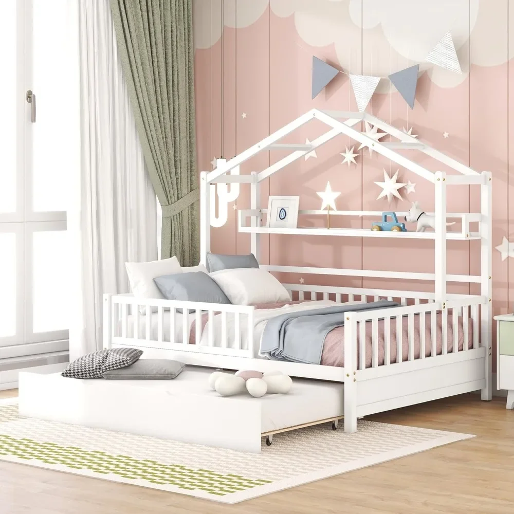 Lit de maison complète avec tronc, cadre de lit en bois complet pour enfants avec étagère, lit de maison pleine grandeur pour enfants avec toit, aucun ressort de boîte nécessaire