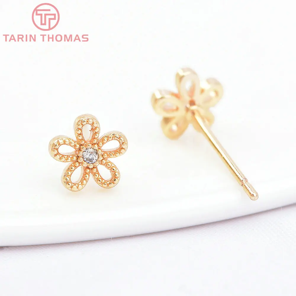 (4010) 6PCS 6MM 24K Gold Color Brass with Zircon Flower Stud Earrings High Quality Diy Jewelry Findings Accessories Wholesale