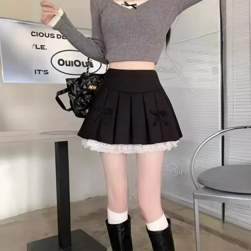 Gonne a pieghe in pizzo Gonna a pieghe coreana dolce a vita alta per college Gonna a pieghe preppy in pizzo da donna Gonna a pieghe a trapezio femminile Y2k