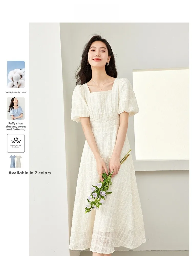 

Ele White Summer Dr Women's A-Line Skirt Slimming Waist Design Cotton Blend Fabric Bubble Sve Midi Dr