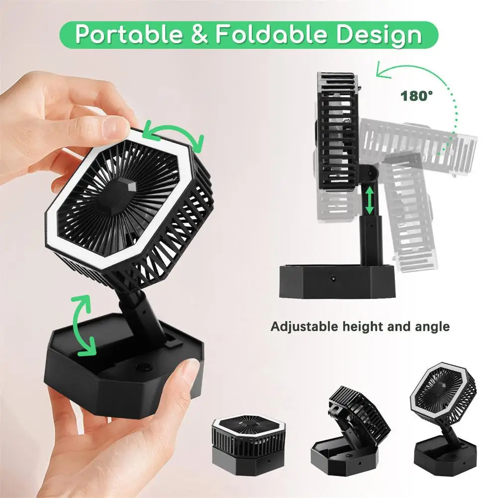 2 In 1 Mini Cooling Fan With Led Light Portable Foldable Adjustable Height Angle Usb Rechargeable Air Cooler Fan