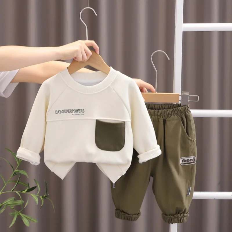 2024 Spring Autumn Korean Toddler Baby Boys 2PCS Clothes Set Letter Pocket Pullovers Cotton Sticker Pants Suit Kids Boys Outfits