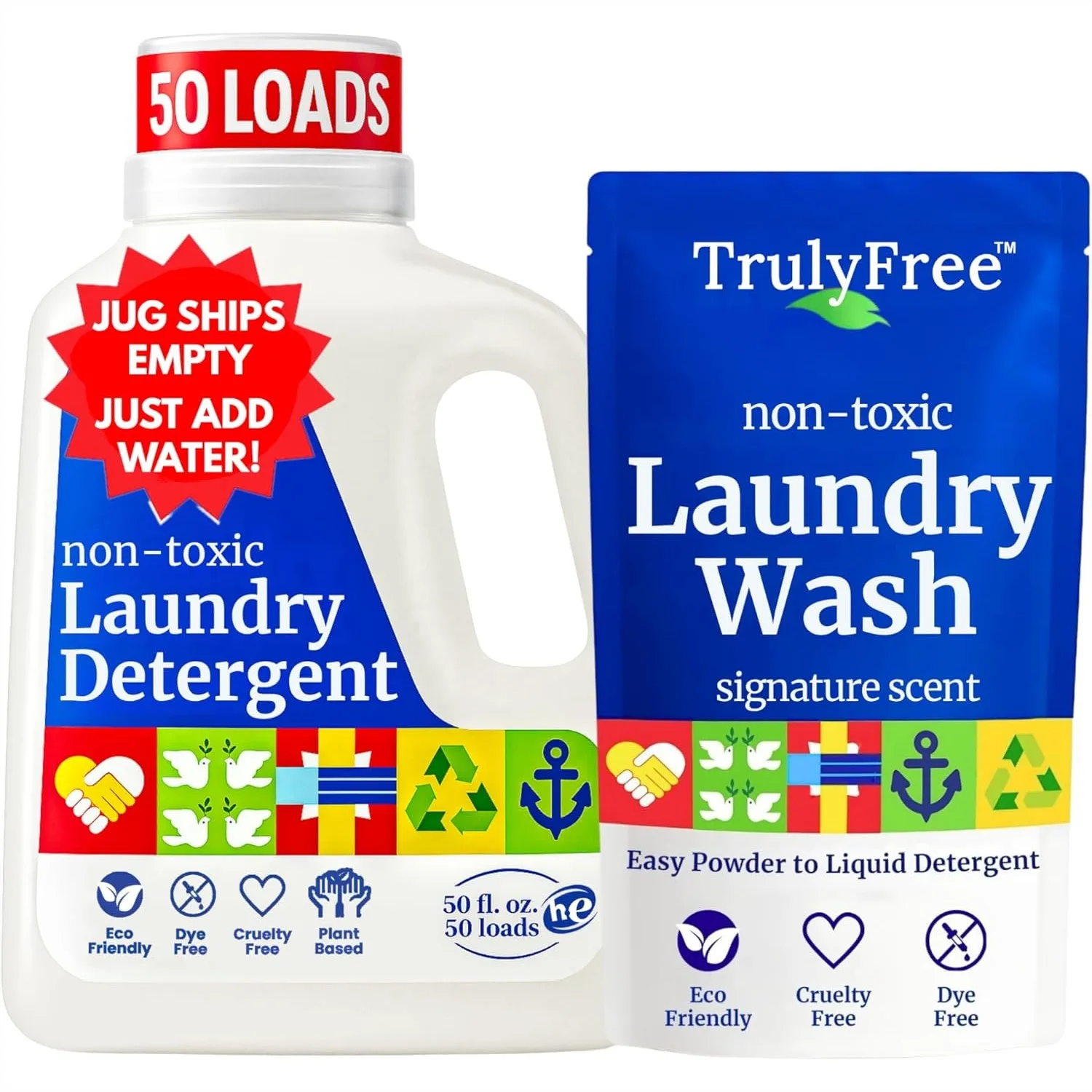

Laundry Detergent for Sensitive Skin, Plant Based Baby Clothes Safe Powder to Liquid, 1 Reusable Jug + 1 Fill Pack, 50 Loads