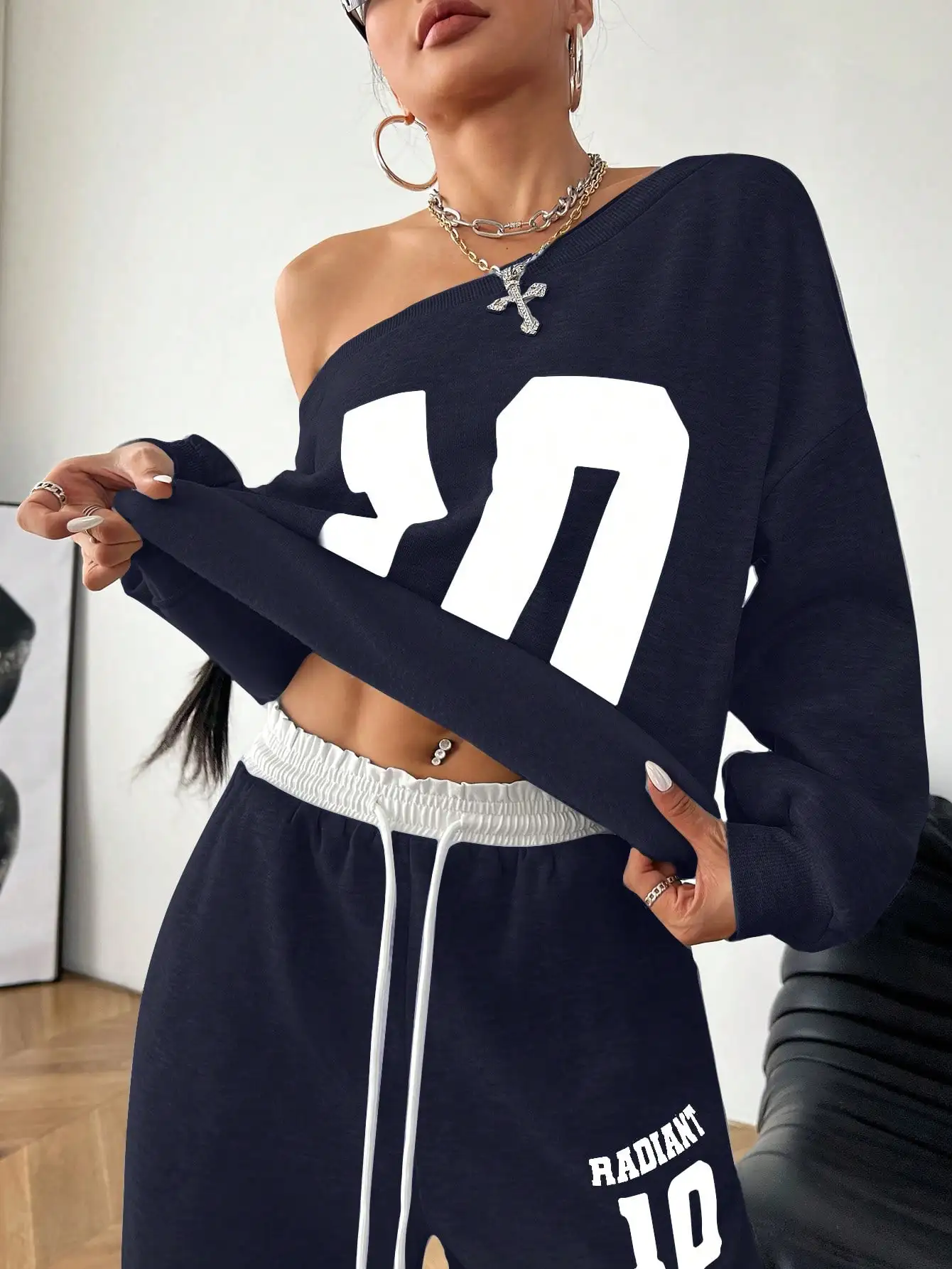 BWQ الفتيات الشتاء Y2K Preppy ارتداء اليومي عدد ملابس منقوشة بكم طويل البلوز وحزام مطاطي أبيض واسعة الساق Sweatpants #4