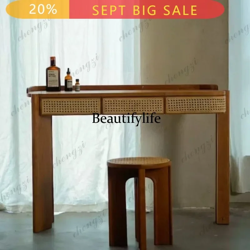 Medieval Solid Wood Rattan Entrance Table Living Room Decorative Cabinet Designer Modern Console Table