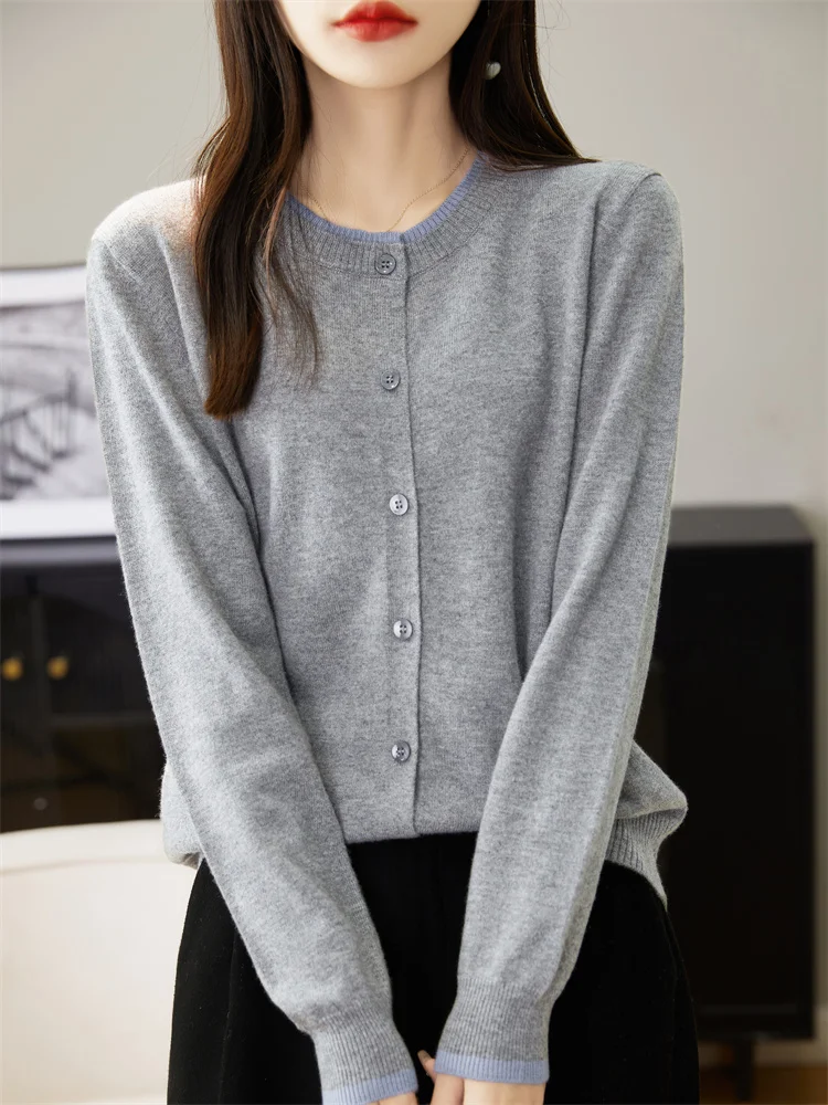 

New Spring Autumn O-Neck Solid Color Cardigan Knitwear 100% Merino Wool Women' Sweater Long Sleeve Comfortable Clothing Tops