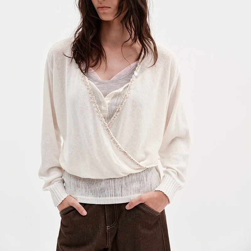 

Korean Fashion V Neck Tops Cover Sexy Loose Casual Slim-Waist Knitted Tops Simple Knitwear Pullovers Micro-transparent Jumper