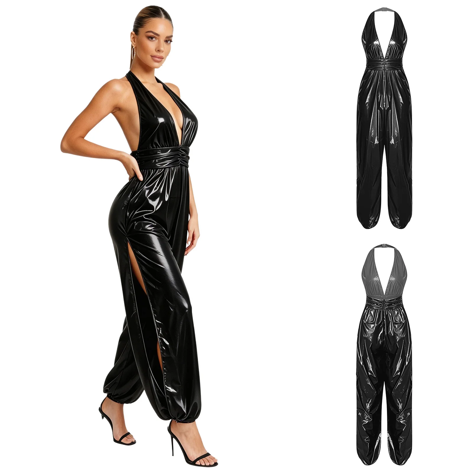 Womens Water Resistant Jumpsuit Halter Backless Ruched Waist Back Side Split Romper for Nightclub Rave Festival and Stage Show