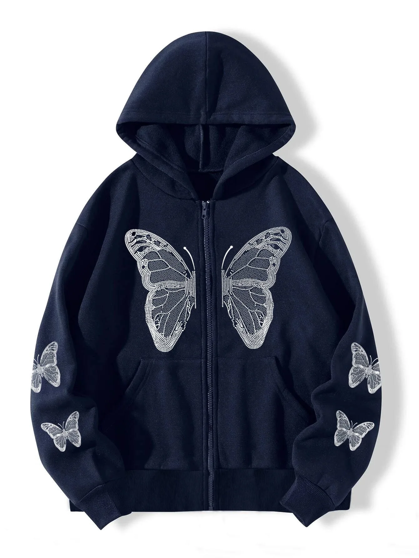 Xuanshow Herbst Winter Frauen Reiß verschluss Hoodie Sweatshirt Schmetterling lose Reiß verschluss Vorder tasche lässig Streetwear Kapuze Jacke Mantel – Detail 4