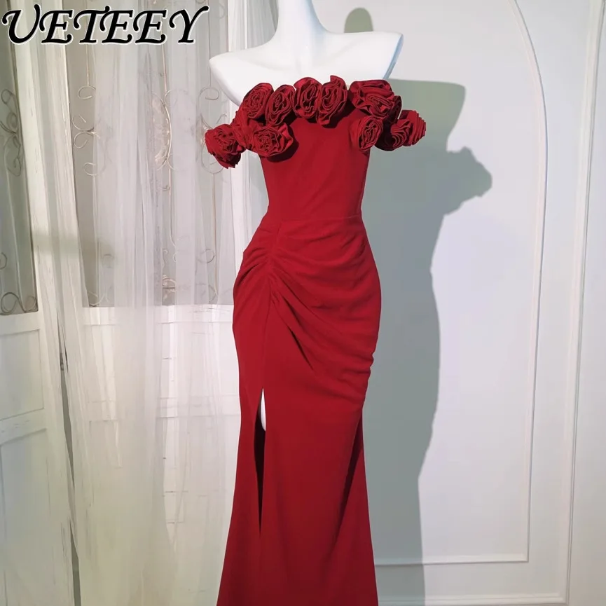 

2025 Summer New Red Shoulder Three-dimensional Flower Long Dress Women Fishtail Dress Chic Celebrity Party Wedding Dress Ladies