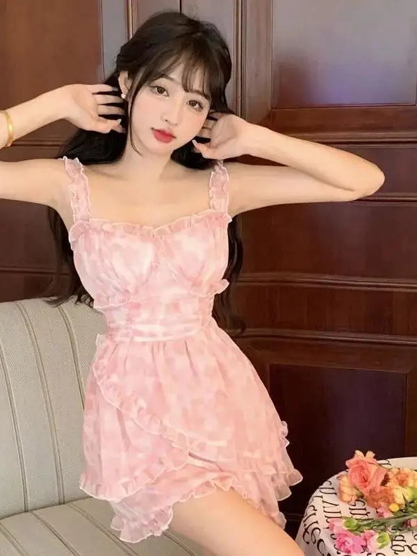 Vestido rosa súper inmortal para vacaciones en la playa, Vestido con tirantes de gasa fragmentada, cintura alta, Falda corta elegante, SBEF, Verano