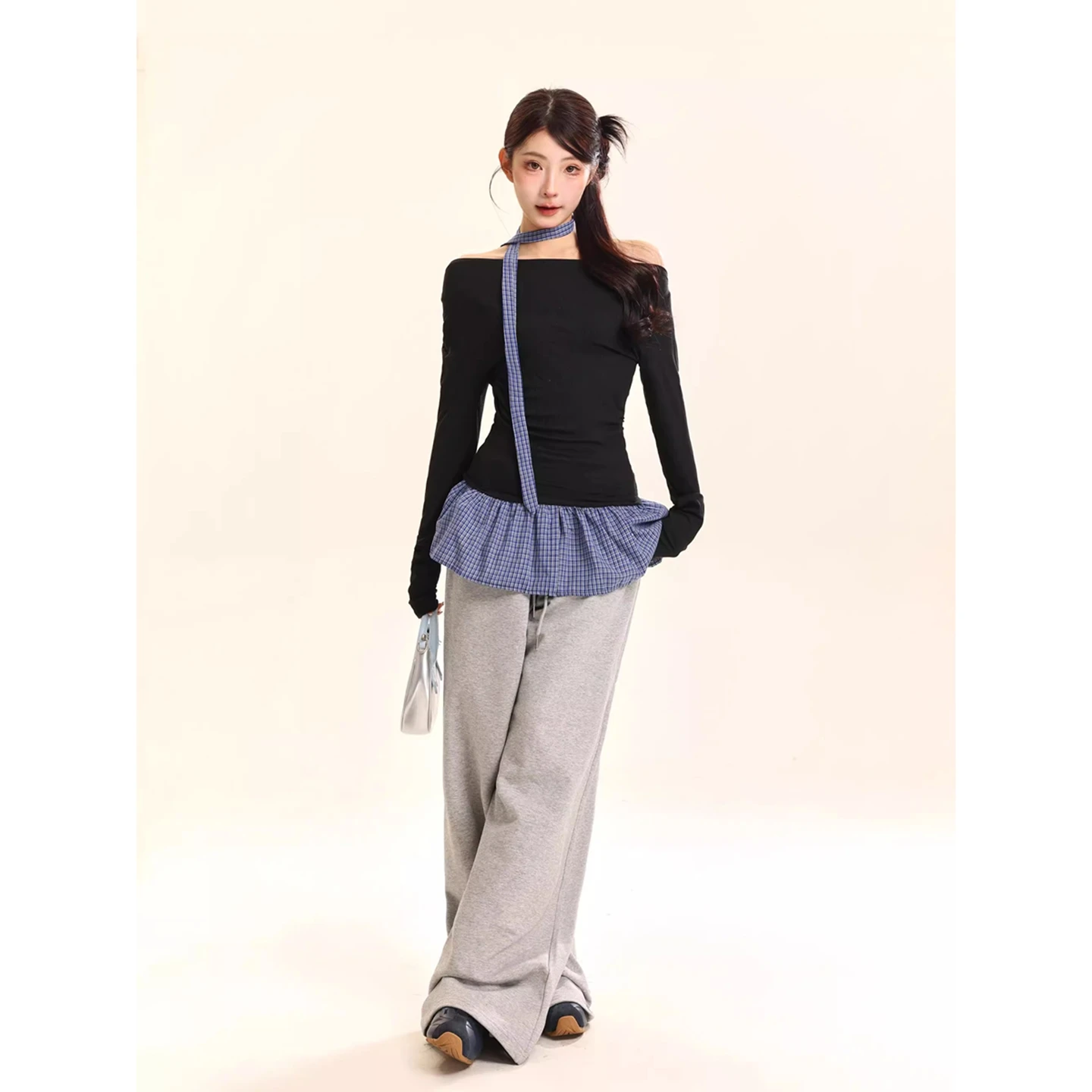 

Long Sleeved T Shirt Korean Womens Summer Cotton Panel Wide Shoulder Loose Relaxed Breezy College Youth Crisp Streetwear Commute