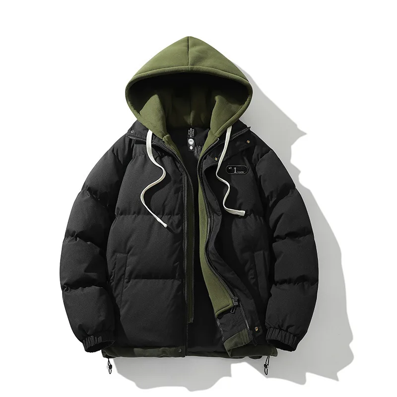 Winter Nieuwe Herenmode Nep Tweedelige Warme Fleece Losse Rits Katoenen Jas Met Capuchon Katoenen Jas Dagelijks Outdoor Casual