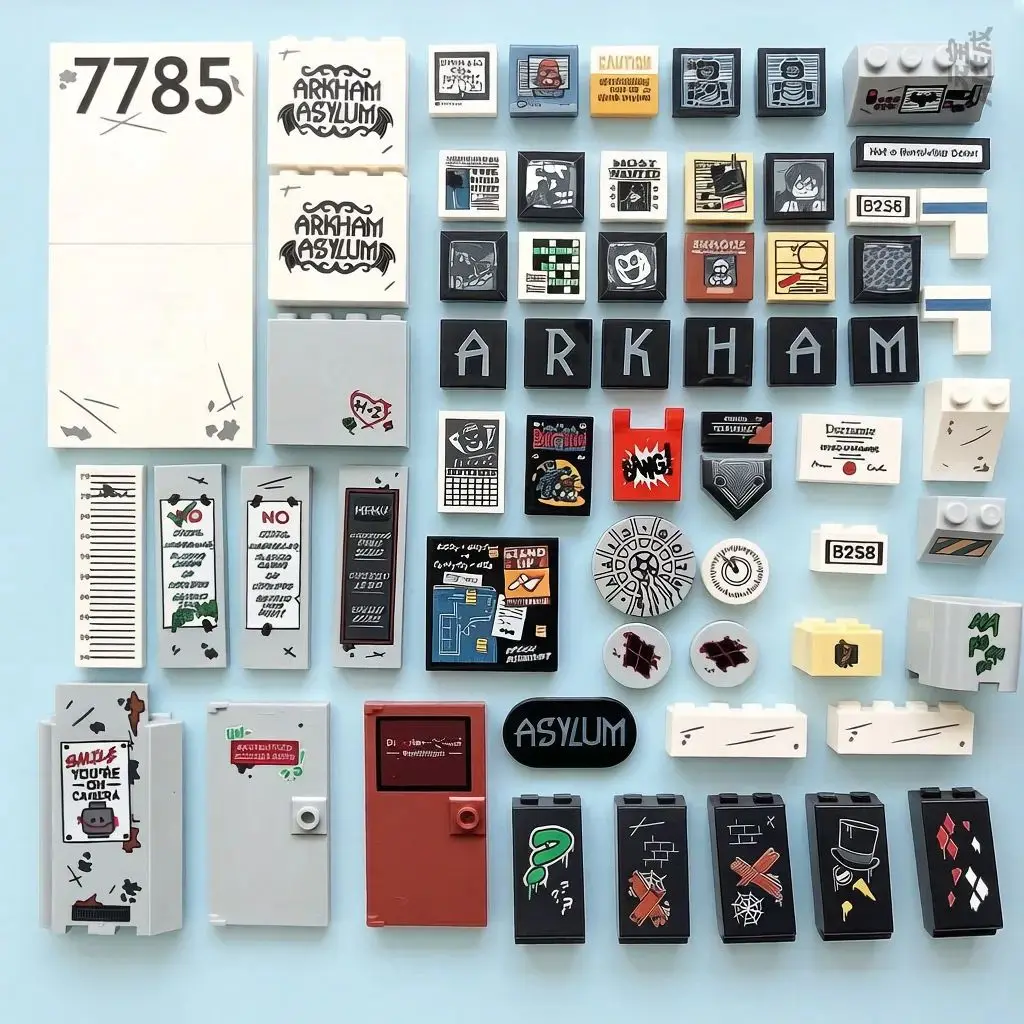 

Детали Gobricks Print Parts для 76300 Arkham Asylum, используемые для замены наклеек.