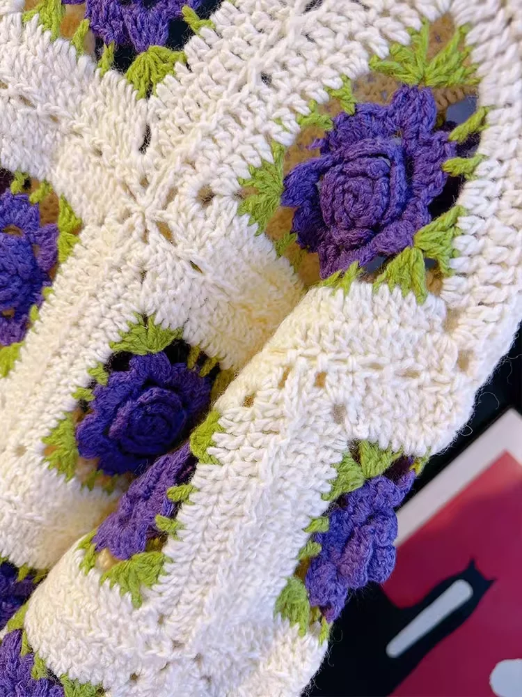 Women's V-neck Handmade Crochet Three-Dimensional Rose Pattern Hollow Wool Bland Sweater Cardigan